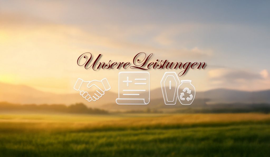 Titelbild „Unsere Leistungen“ mit Icons für Beratung, Vorsorge, Sarg und Urne vor Sonnenuntergang – Löer Bestattungen in Laatzen