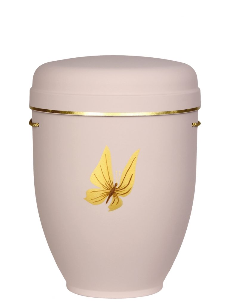 Naturfaserurne, matt rosé, Goldband schmal mit gemaltem Motiv „gemaltes Motiv, Schmetterling“ in Gold