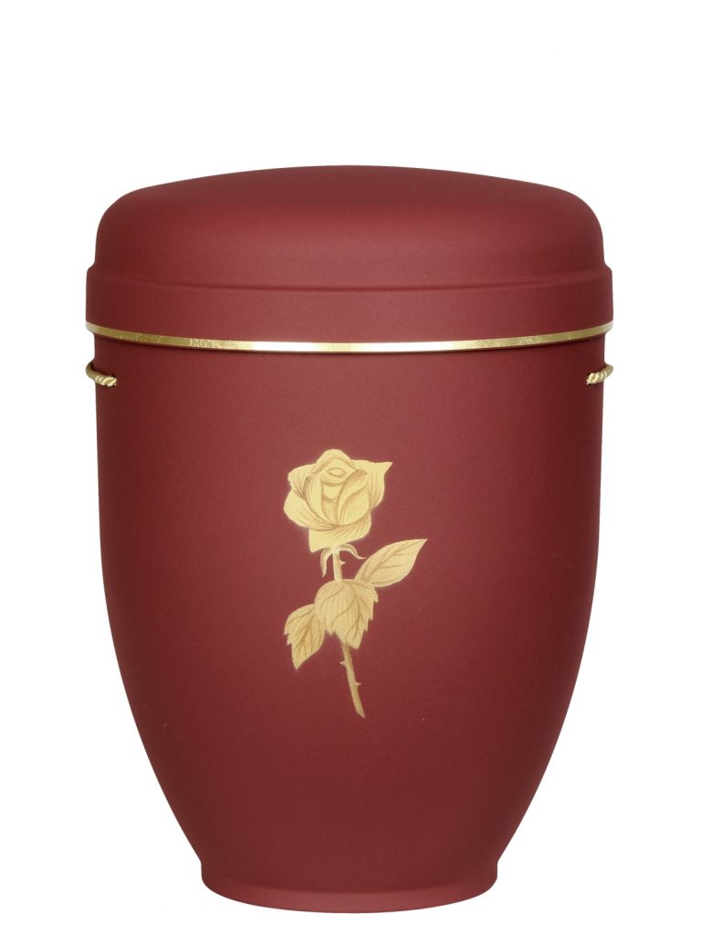 Naturfaserurne, matt purpurrot, Goldband schmal mit gemaltem Motiv „gemaltes Motiv, Rose“ in Gold