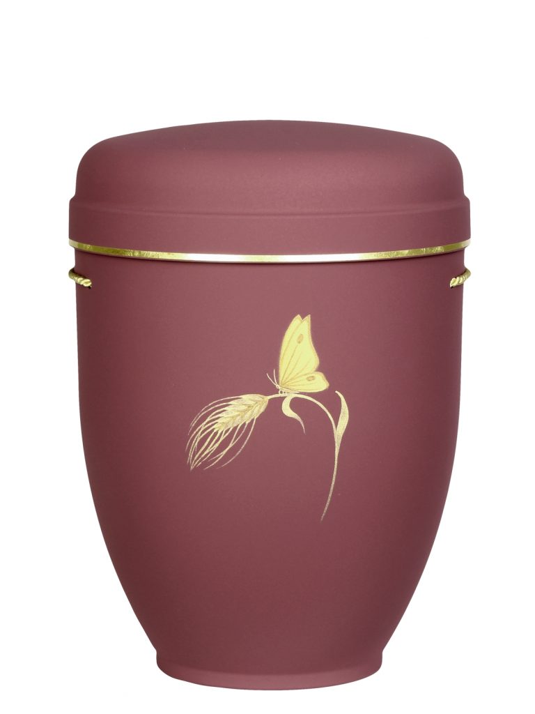 Naturfaserurne, matt rotlila, Goldband schmal mit gemaltem Motiv „gemaltes Motiv, Schmetterling auf der Ähre“ in Gold