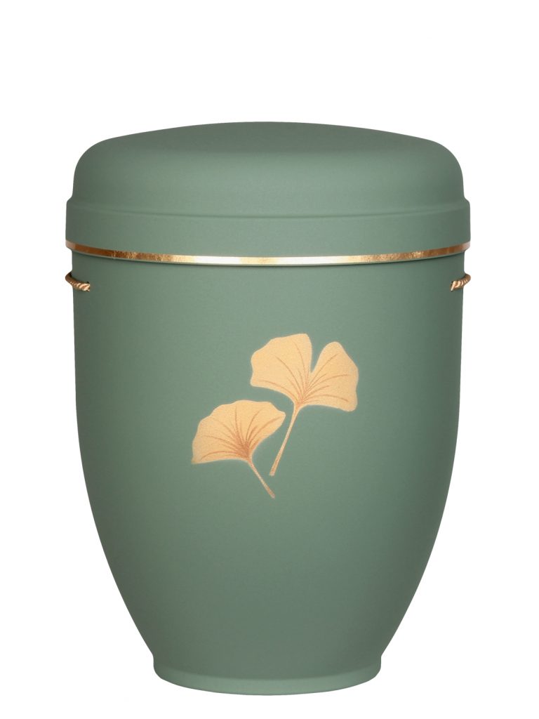 Naturfaserurne, matt mint, Goldband schmalt mit gemaltem Motiv „gemaltes Motiv, Ginkgo“ in Gold