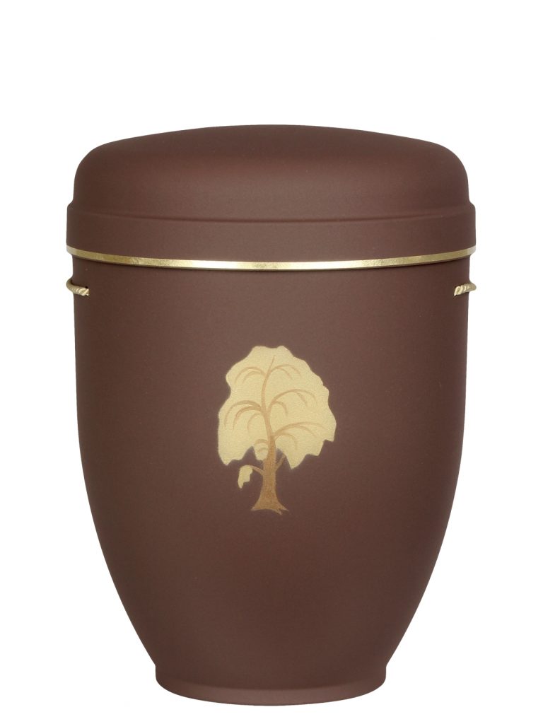 Naturfaserurne, matt mocca, Goldband schmal mit gemaltem Motiv „gemaltes Motiv, Baum“ in Gold