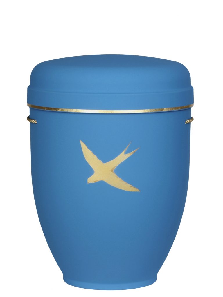 Naturfaserurne, matt hellblau, Goldband schmal mit gemaltem Motiv „gemaltes Motiv, Vogel“ in Gold