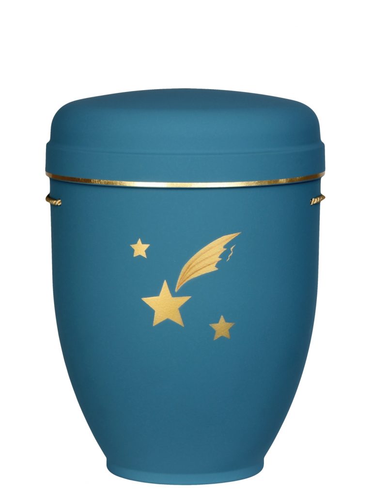 Naturfaserurne, matt polarblau, Goldband schmal mit gemaltem Motiv „gemaltes Motiv, Sternschuppe“ in Gold