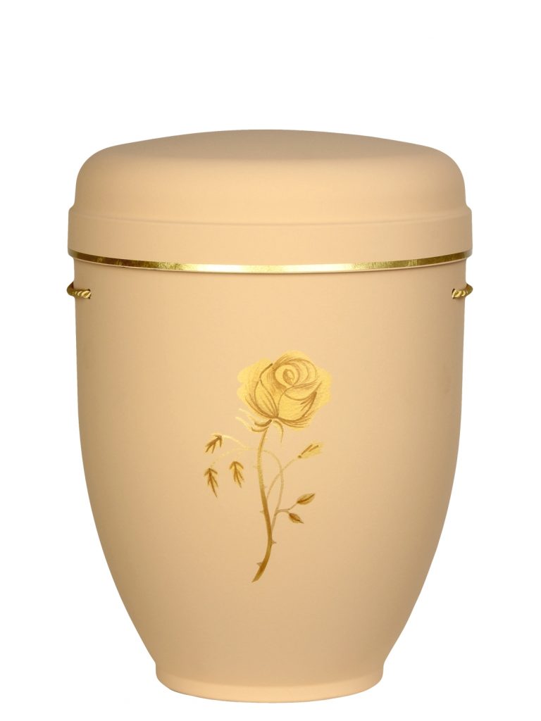 Naturfaserurne, matt elfenbein, Goldband schmal mit gemaltem Motiv „gemaltes Motiv, gemalte Stielrose“ in Gold