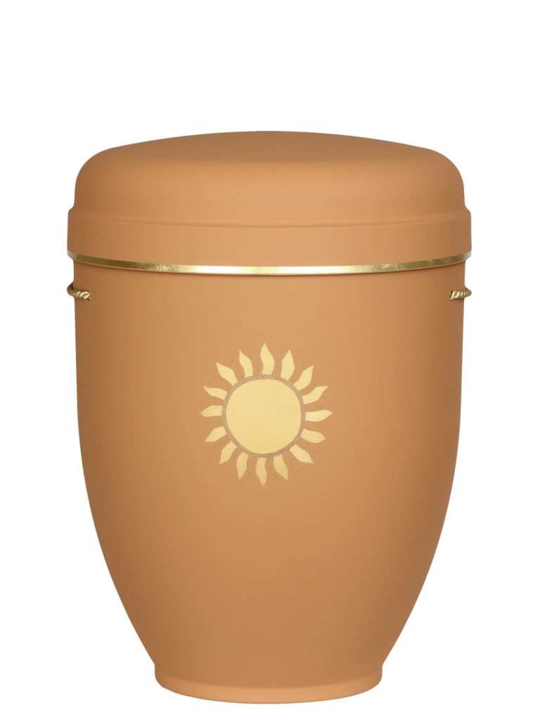 Naturfaserurne, matt terra, Goldband schmal mit gemaltem Motiv „gemaltes Motiv, Sonne“ in Gold