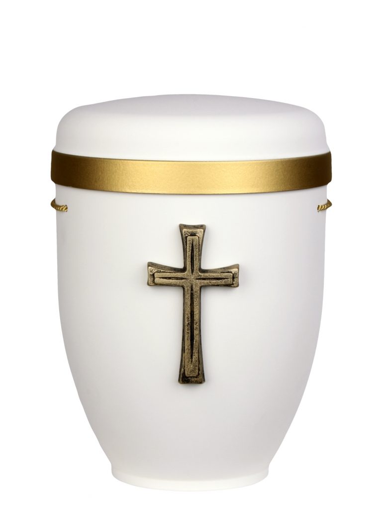 Naturfaserurne, matt warmweiss, Goldrand breit mit aufgesetztem Emblem „Dekor-Emblem Kreuz“ in Gold