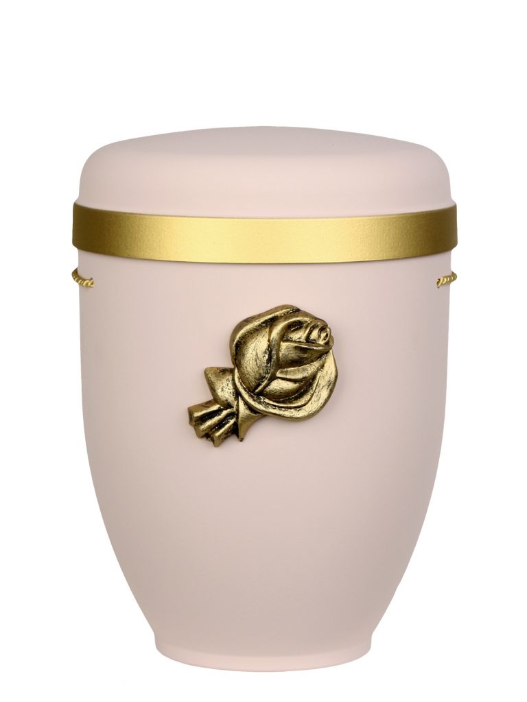 Naturfaserurne, matt rosé, Goldrand breit mit aufgesetztem Emblem „Dekor-Emblem Rose“ in Gold