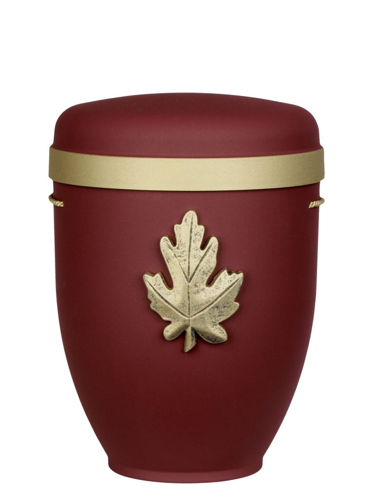 Naturfaserurne, matt weinrot, Goldrand breit mit aufgesetztem Emblem „Dekor-Emblem Eichenblatt“ in Gold