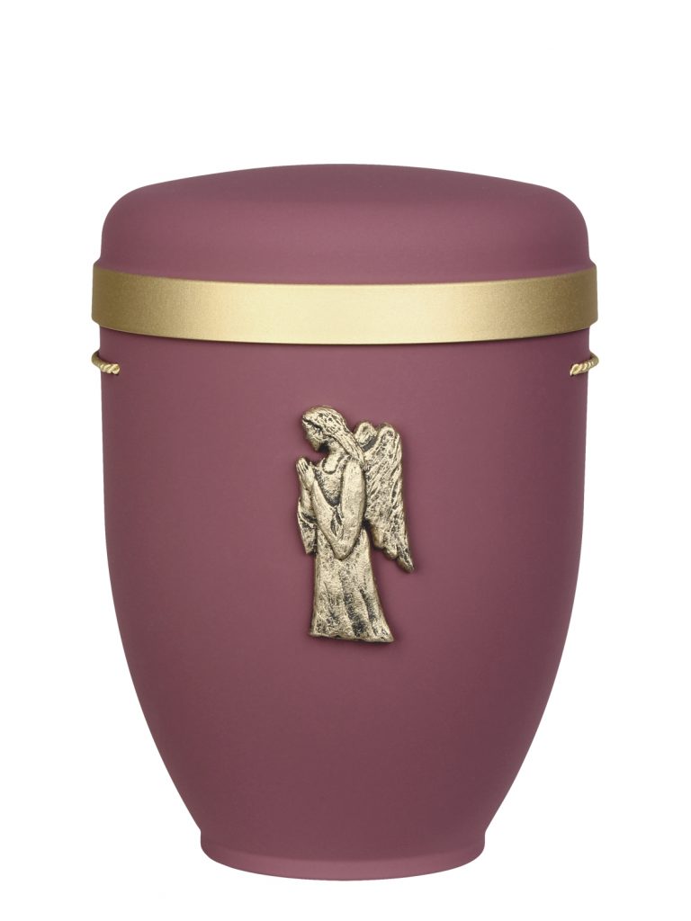 Naturfaserurne, matt rotlila, Goldrand breit mit aufgesetztem Emblem „Dekor-Emblem Engel“ in Gold