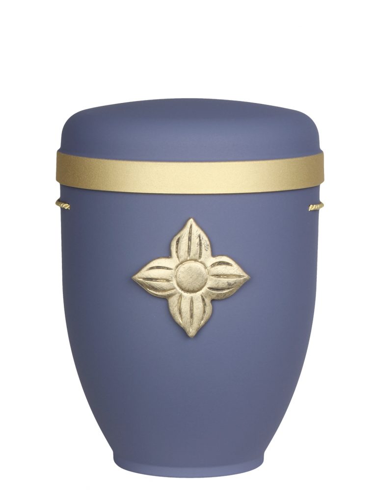 Naturfaserurne, matt lavendel, Goldrand breit mit aufgesetztem Emblem „Dekor-Emblem Eichenblatt“ in Gold