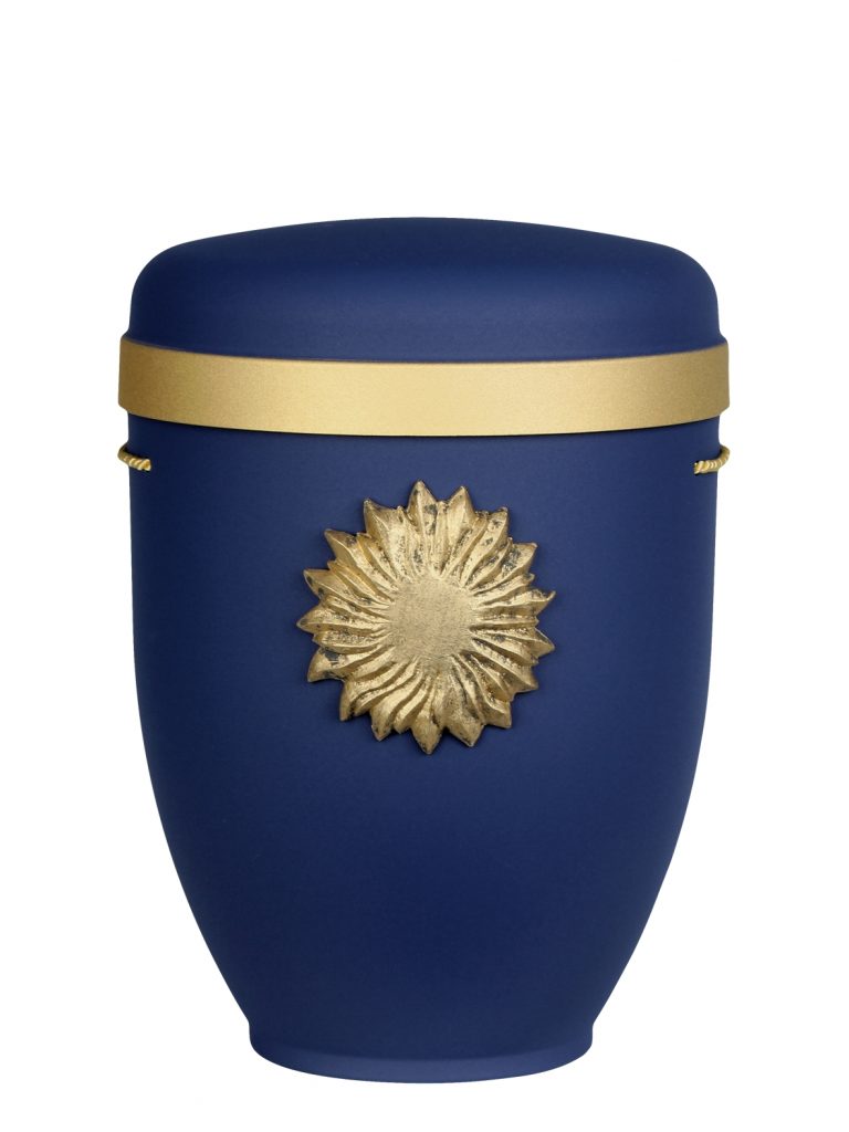 Naturfaserurne, matt kobaltblau, Goldrand breit mit aufgesetztem Emblem „Dekor-Emblem Sonne“ in Gold