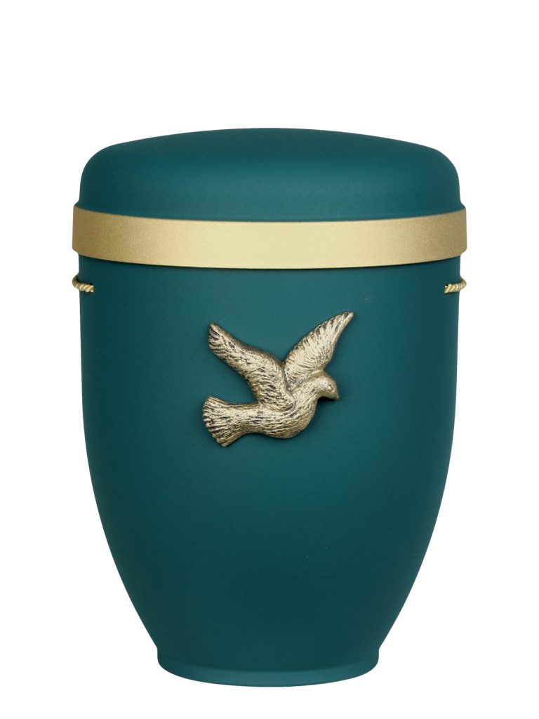 Naturfaserurne, matt blaugrün, Goldrand breit mit aufgesetztem Emblem „Dekor-Emblem Taube“ in Gold