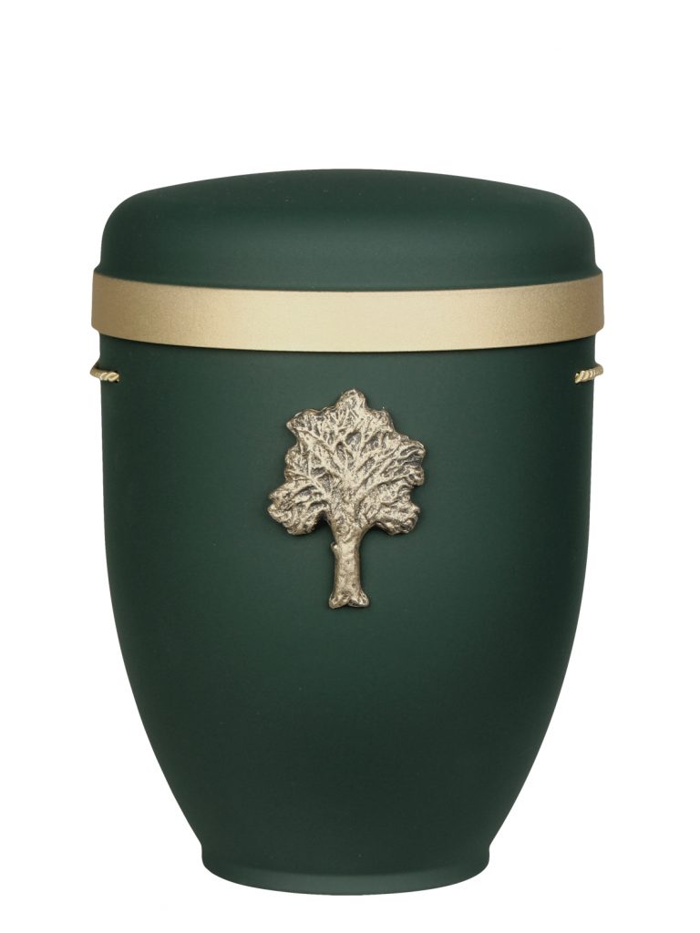 Naturfaserurne, matt tannengrün, Goldrand breit mit aufgesetztem Emblem „Dekor-Emblem Baum“ in Gold