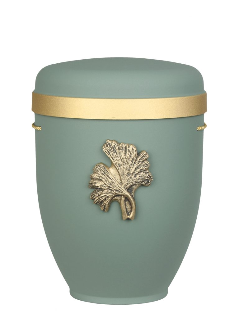 Naturfaserurne, matt mint, Goldrand breit mit aufgesetztem Emblem „Dekor-Emblem Ginkgo“ in Gold
