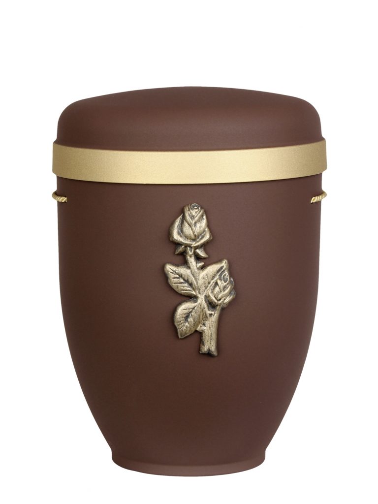 Naturfaserurne, matt mocca, Goldrand breit mit aufgesetztem Emblem „Dekor-Emblem Stielrose“ in Gold