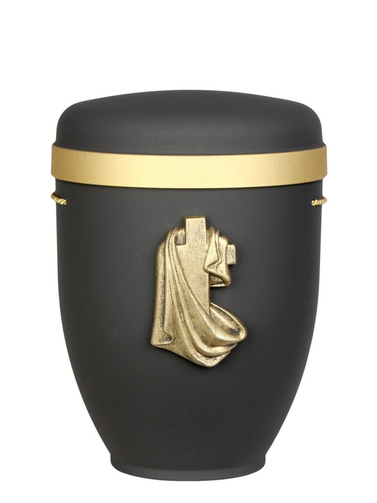 Naturfaserurne, matt granit, Goldrand breit mit aufgesetztem Emblem „Dekor-Emblem Kreuztuch“ in Gold