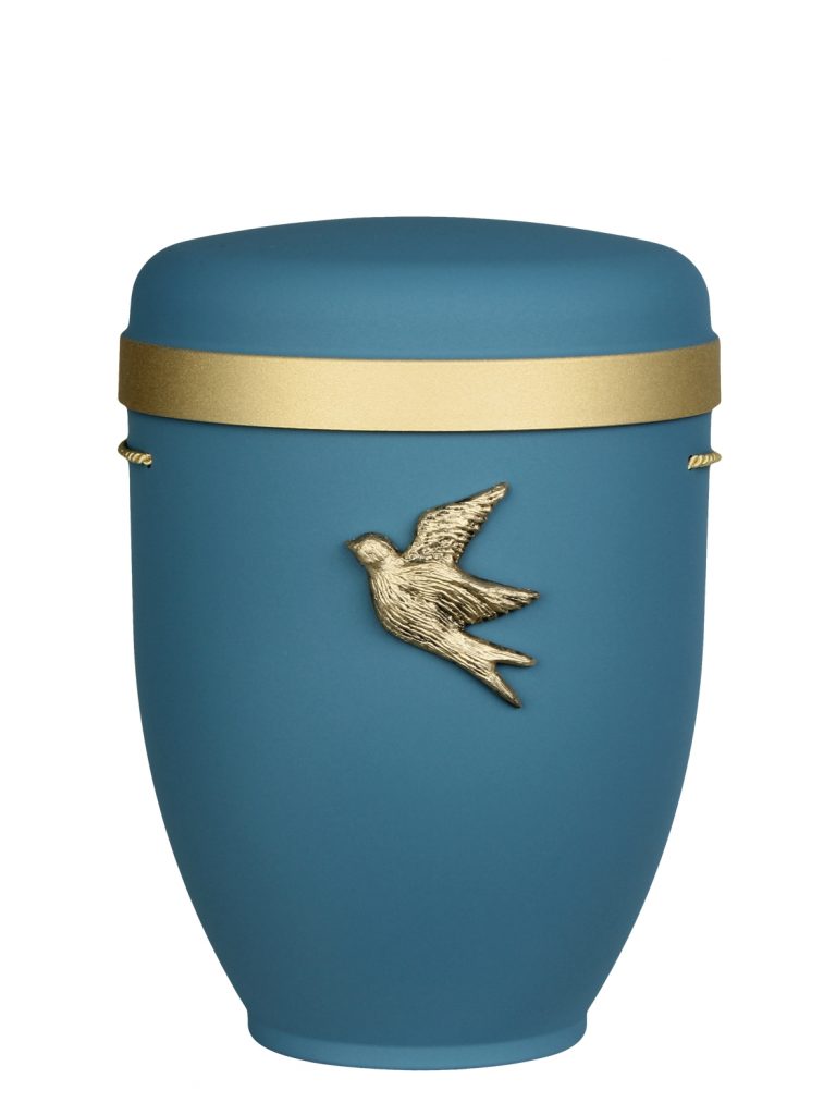 Naturfaserurne, matt polarblau, Goldrand breit mit aufgesetztem Emblem „Dekor-Emblem Schwalbe“ in Gold