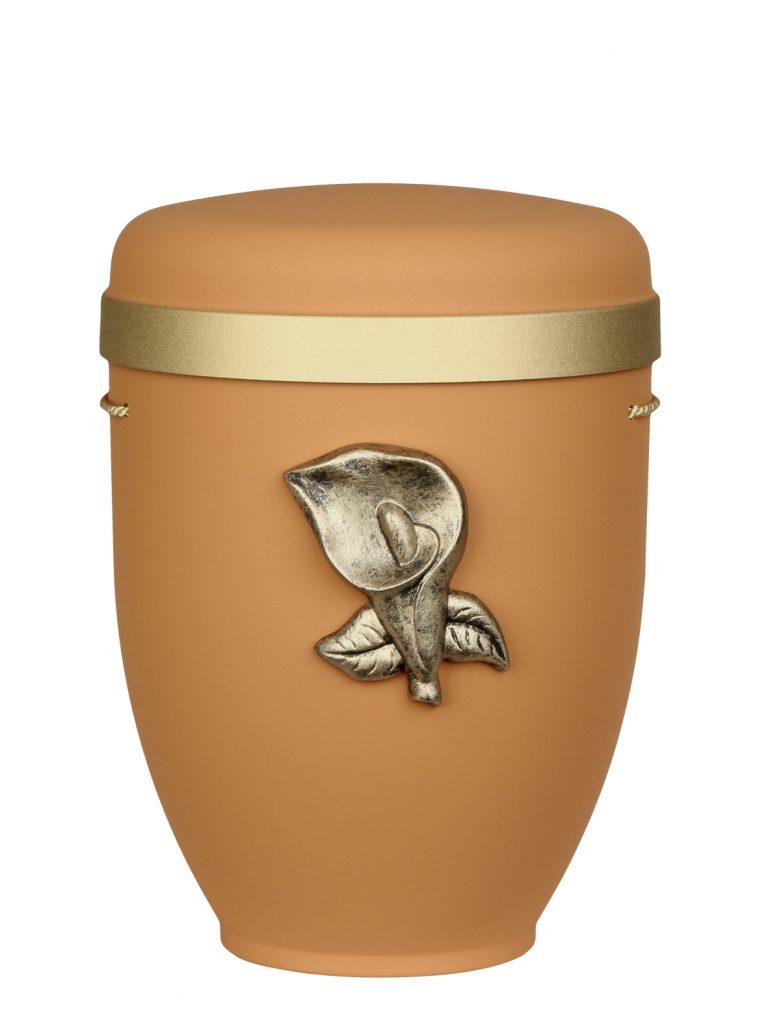 Naturfaserurne, matt terra, Goldrand breit mit aufgesetztem Emblem „Dekor-Emblem Calla“ in Gold
