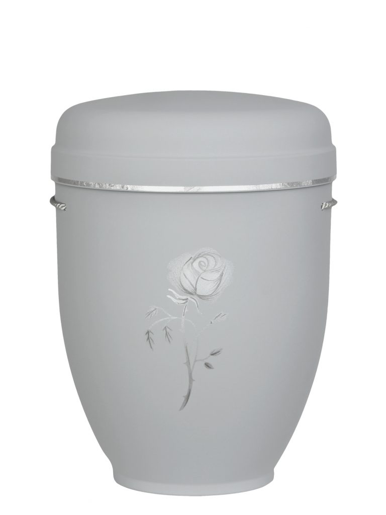 Naturfaserurne, matt hellgrau, Silberband schmal mit gemaltem Motiv „gemaltes Motiv, gemalte Stielrose“ in Silber