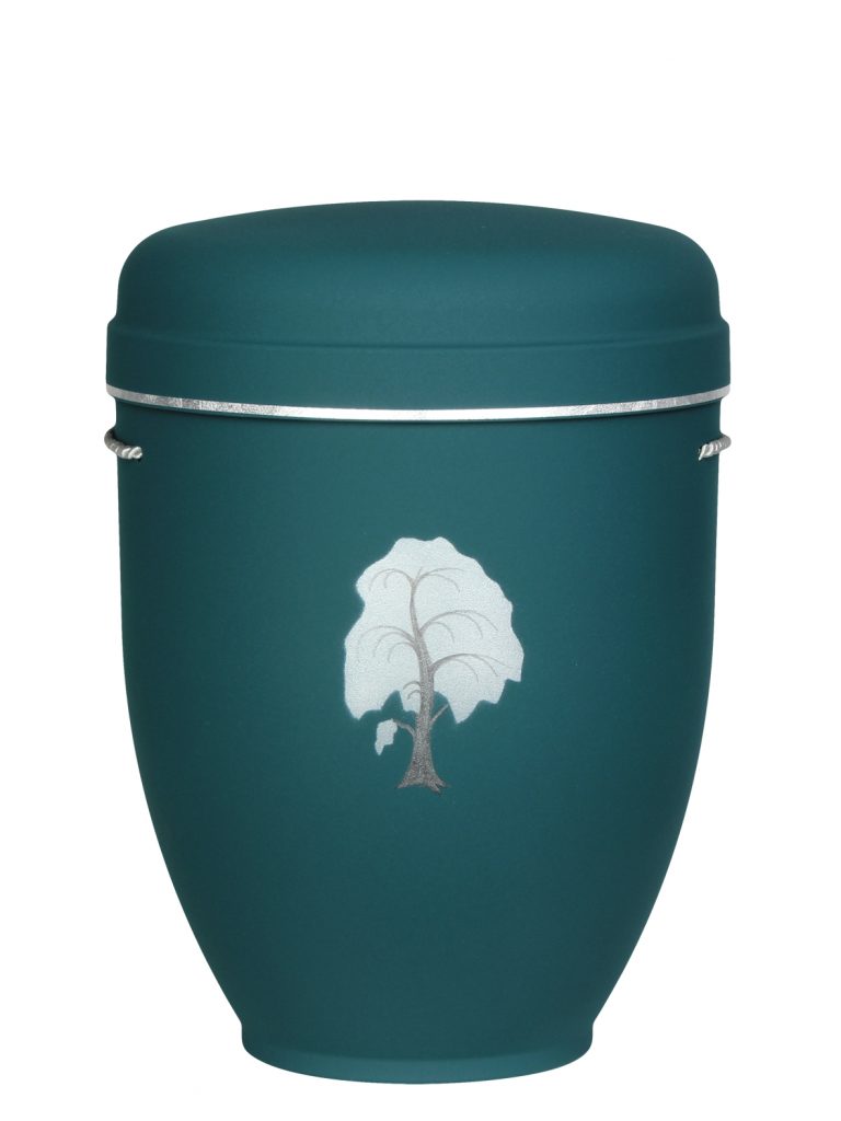 Naturfaserurne, matt blaugrün, Silberband schmal mit gemaltem Motiv „gemaltes Motiv, Baum“ in Silber