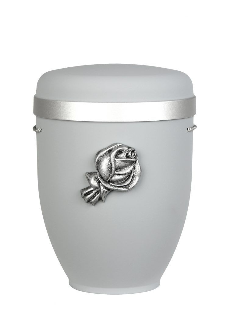 Naturfaserurne, matt hellgrau, Silberrand breit mit aufgesetztem Emblem „Dekor-Emblem Rose“ in Silber