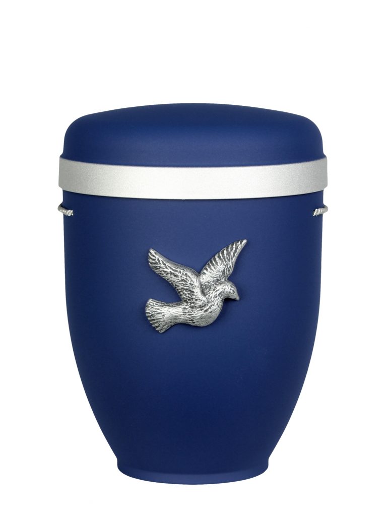 Naturfaserurne, matt kobaltblau, Silberrand breit mit aufgesetztem Emblem „Dekor-Emblem Taube“ in Silber