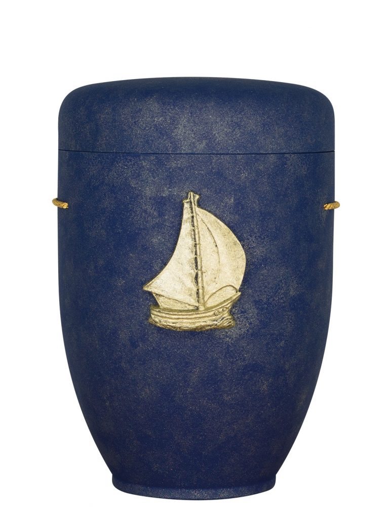 Biologisch abbaubare Urne blau marmoriert mit Segelboot
