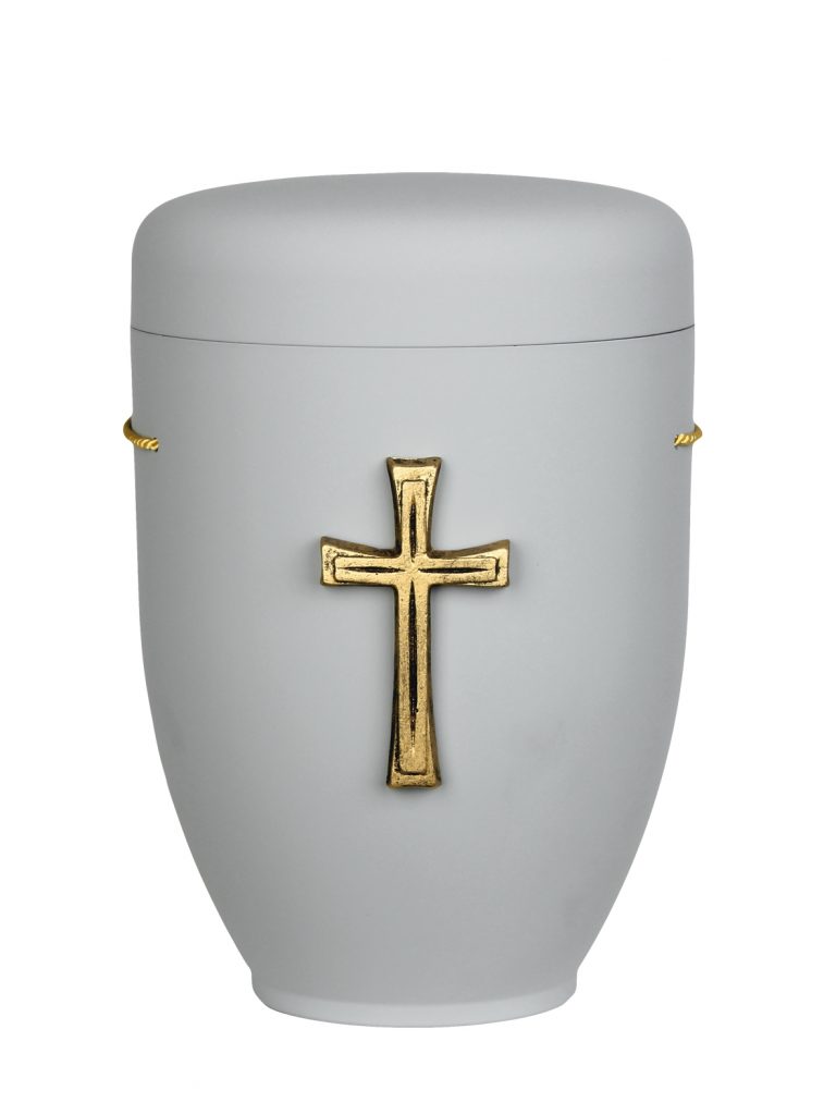 Naturfaserurne, matt hellgrau, ohne Rand mit aufgesetztem Emblem „Motiv D04“ in Gold