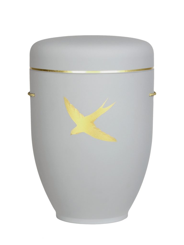 Naturfaserurne, matt hellgrau, Goldband schmal mit gemaltem Motiv „Motiv M35“ in Gold