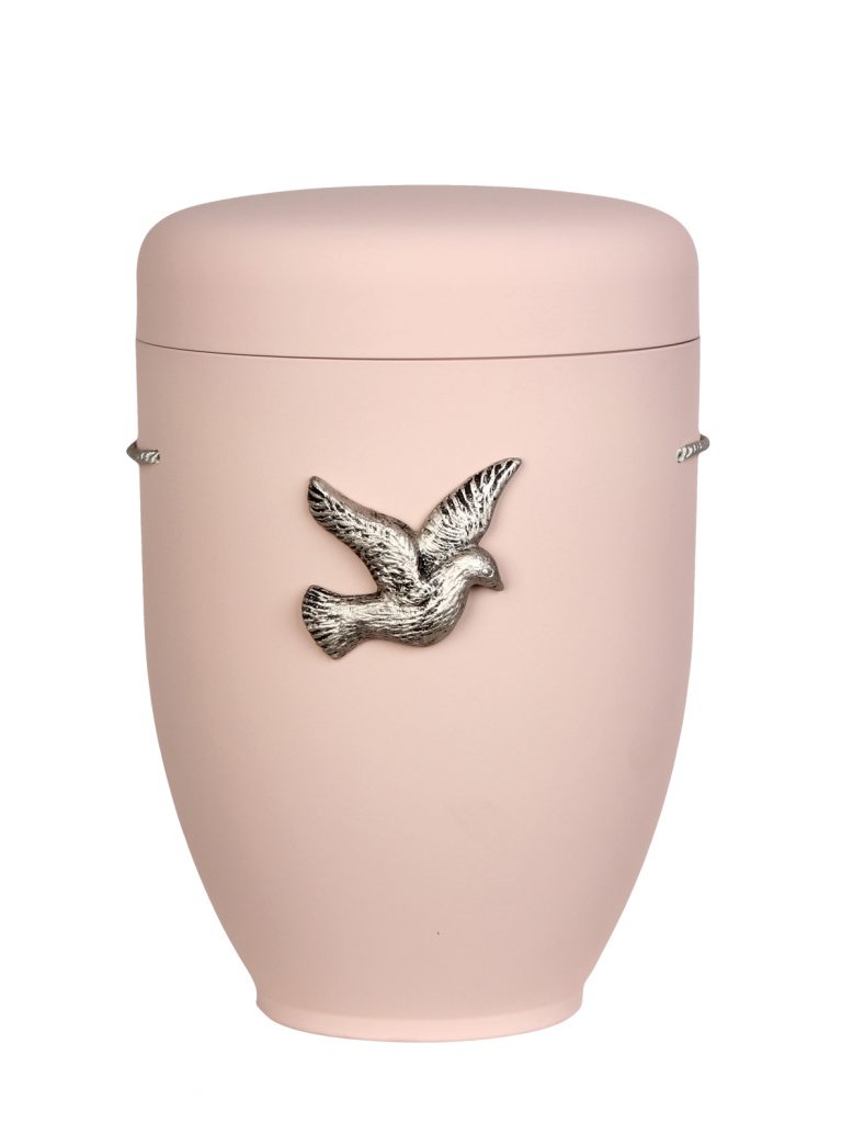Naturfaserurne, matt rosé, ohne Rand mit aufgesetztem Emblem „Motiv D03“ in Silber