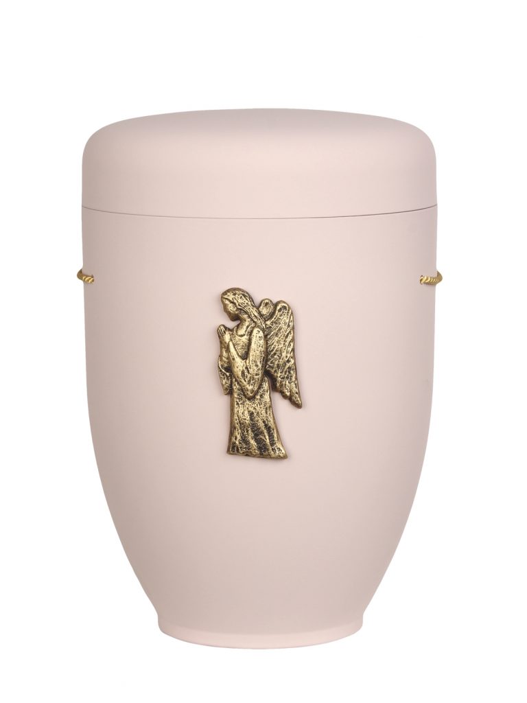 Naturfaserurne, matt rosé, ohne Rand mit aufgesetztem Emblem „Motiv D14“ in Gold