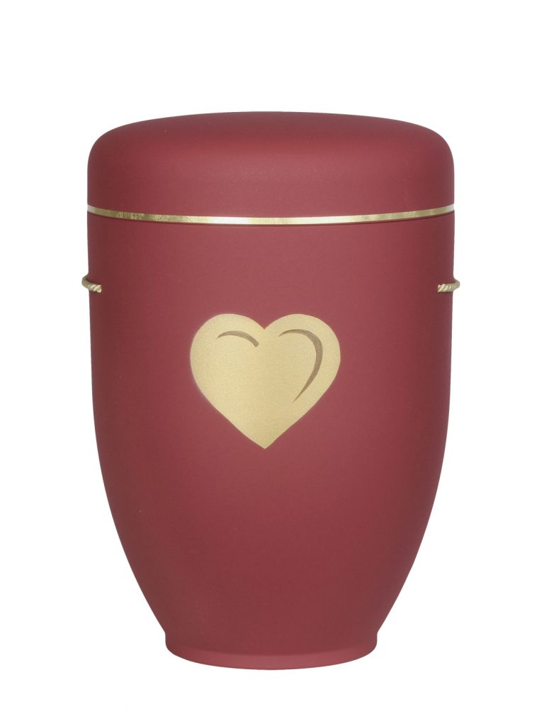 Naturfaserurne, matt purpurrot, Goldband schmal mit gemaltem Motiv „Motiv M57“ in Gold