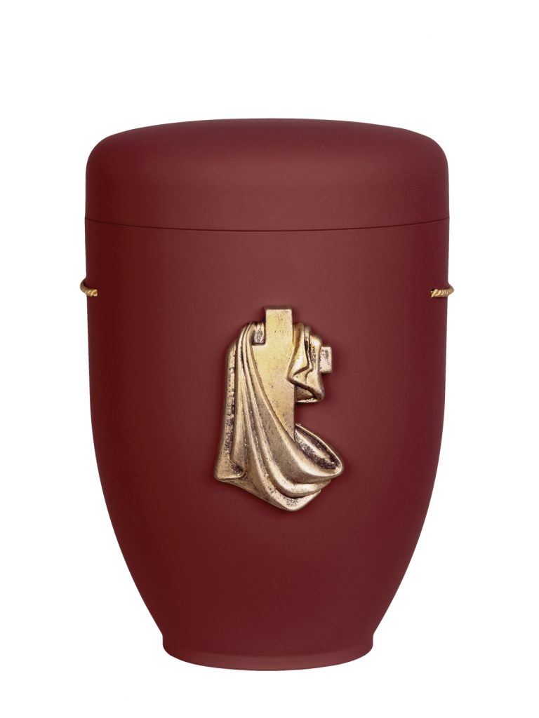 Naturfaserurne, matt weinrot, ohne Rand mit aufgesetztem Emblem „Motiv D02“ in Gold