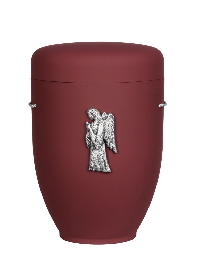 Naturfaserurne, matt weinrot, ohne Rand mit aufgesetztem Emblem „Motiv D14“ in Silber