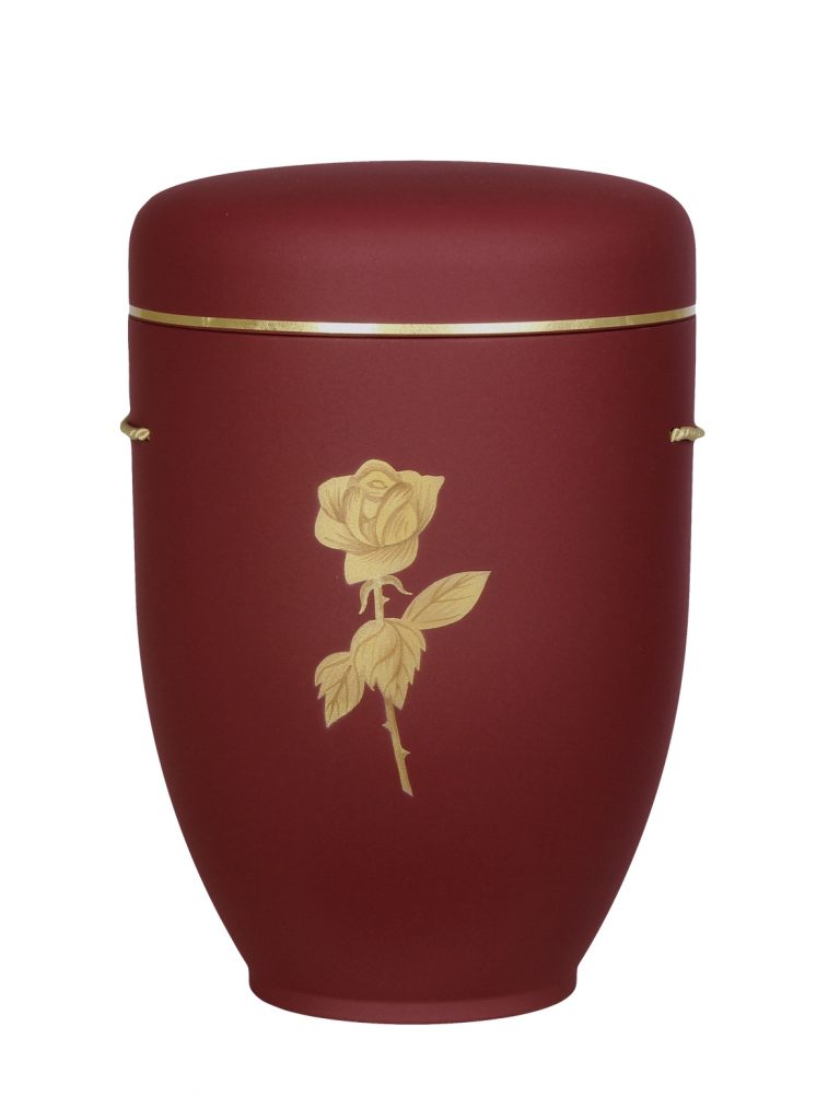 Naturfaserurne, matt weinrot, Goldband schmal mit gemaltem Motiv „Motiv M39“ in Gold