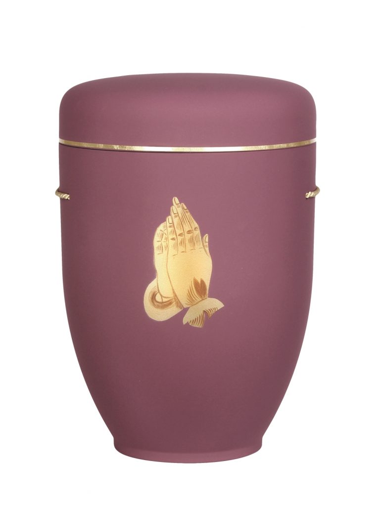 Naturfaserurne, matt rotlila, Goldband schmal mit gemaltem Motiv „Motiv M41“ in Gold
