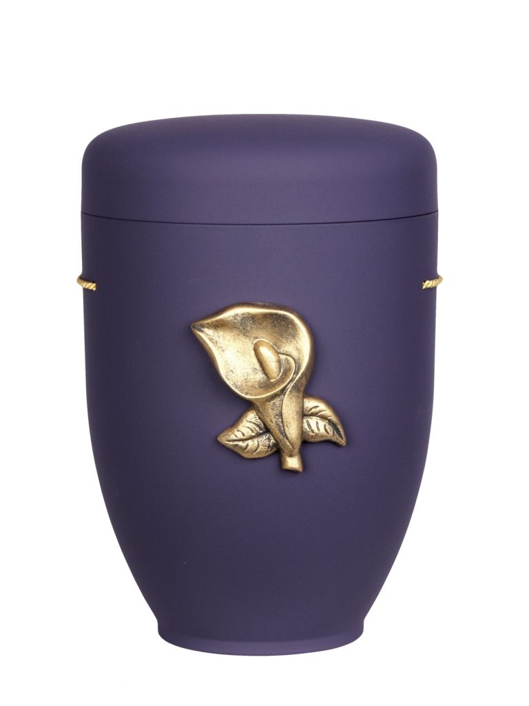 Naturfaserurne, matt violett, ohne Rand mit aufgesetztem Emblem „Motiv D08“ in Gold