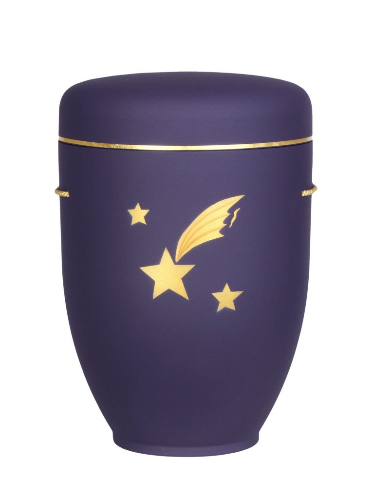 Naturfaserurne, matt violett, Goldband schmal mit gemaltem Motiv „Motiv M32“ in Gold