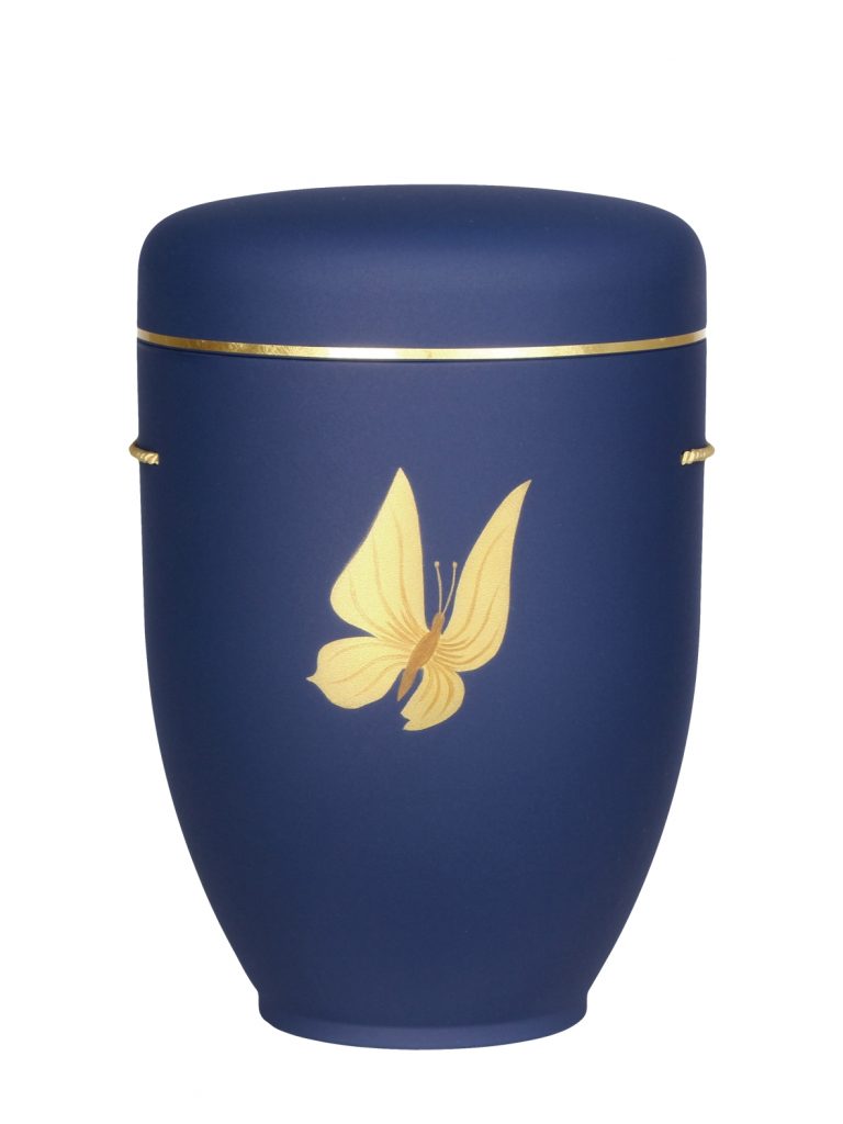 Naturfaserurne, matt kobaltblau, Goldband schmal mit gemaltem Motiv „Motiv M31“ in Gold