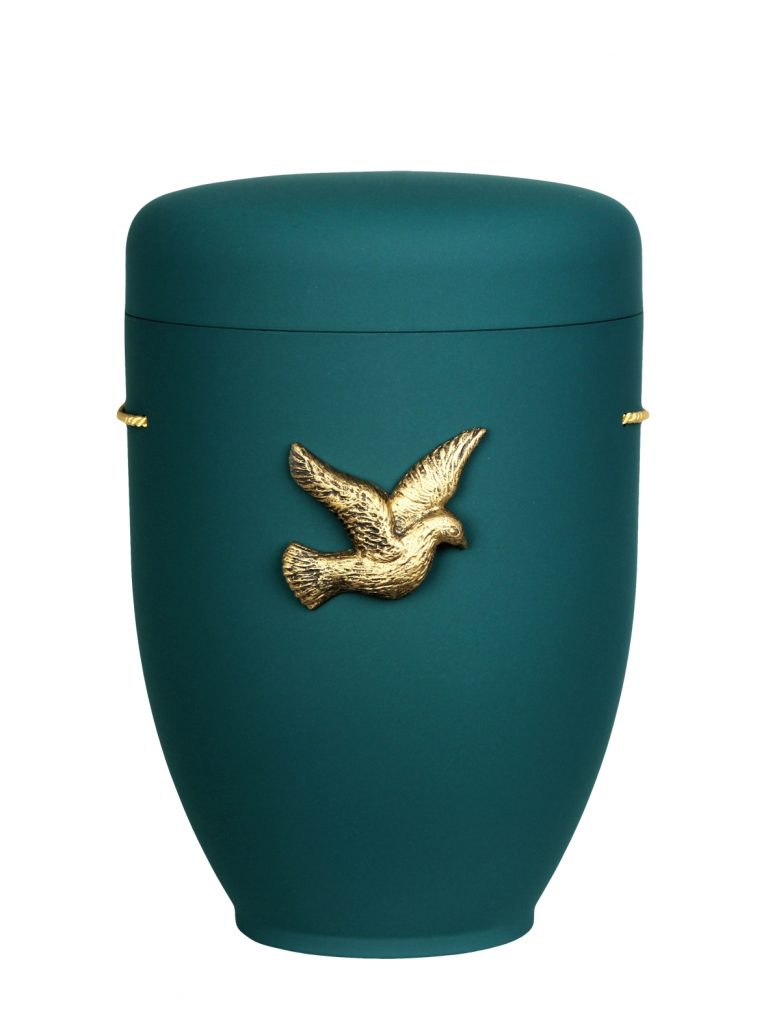 Naturfaserurne, matt blaugrün, ohne Rand mit aufgesetztem Emblem „Motiv D03“ in Gold