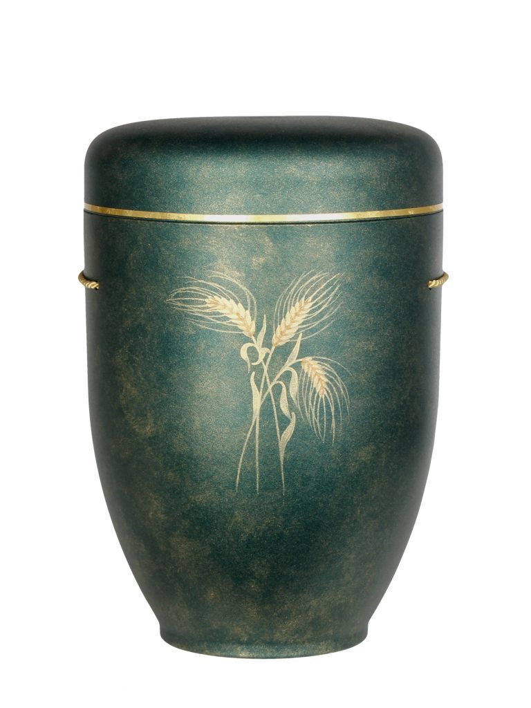 Biologisch abbaubare Urne metallic grün mit Ährenmotiv