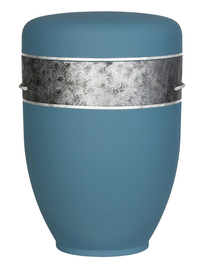Blaue Urne mit silberner Bordüre – modern und stilvoll