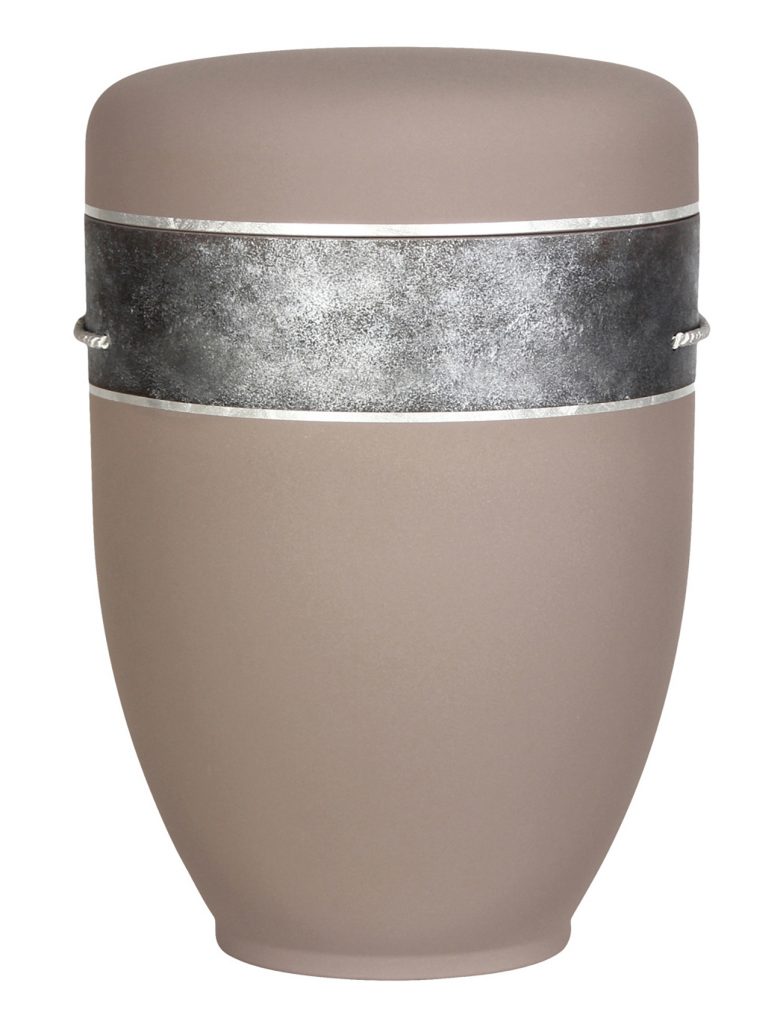 Taupefarbene Urne mit silberner Bordüre – stilvolle biologisch abbaubare Bestattungsurne in modernem Design