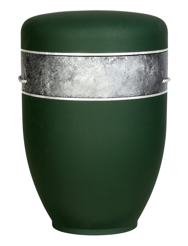 Grüne Urne mit silberner Bordüre – elegante biologisch abbaubare Bestattungsurne mit dezentem Design