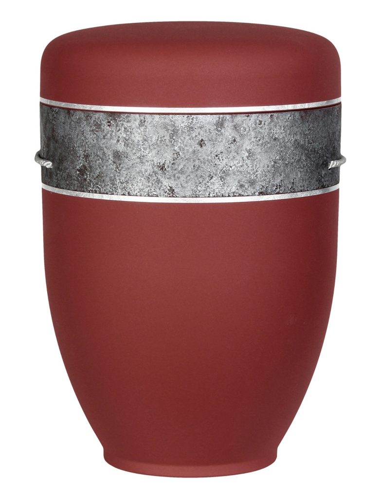 Bordeauxrote Urne mit silberner Bordüre – stilvolle biologisch abbaubare Urne für Feuerbestattungen