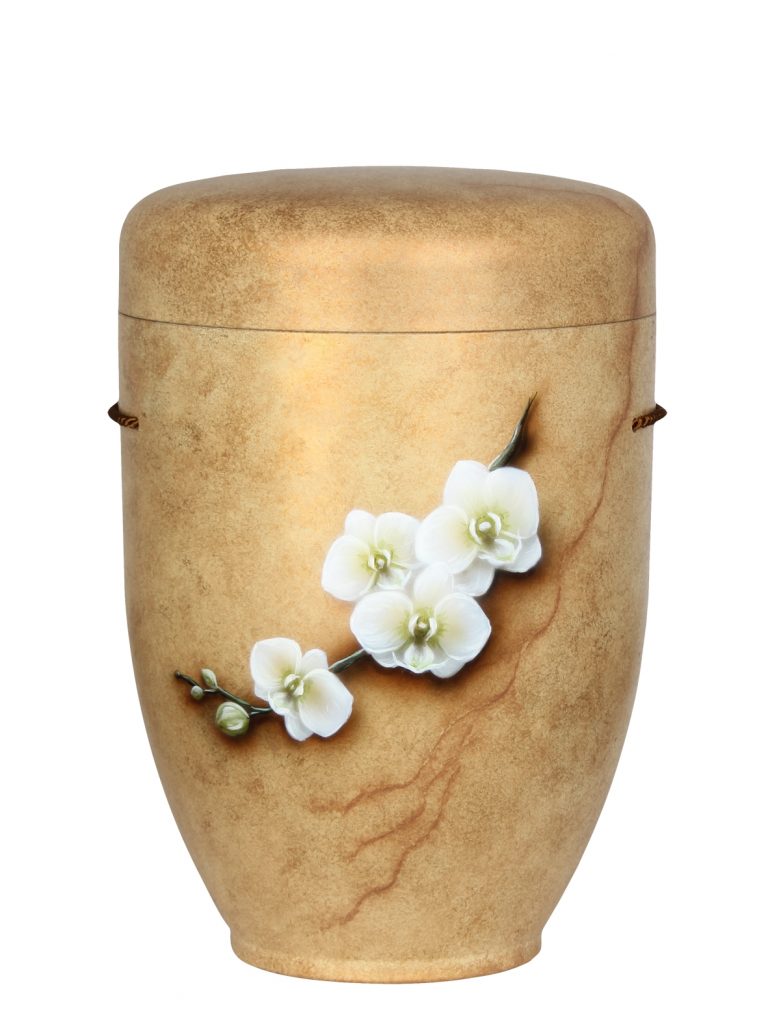 Biologisch abbaubare Urne beige marmoriert mit weißen Orchideen