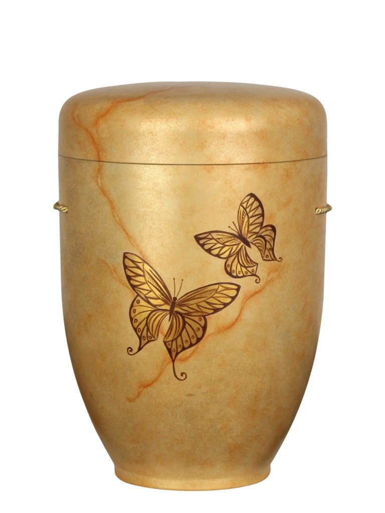 Biologisch abbaubare Urne beige marmoriert mit Schmetterlingen