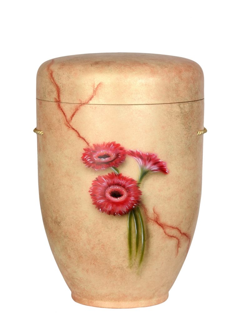 Biologisch abbaubare Urne marmoriert beige mit roten Blumen