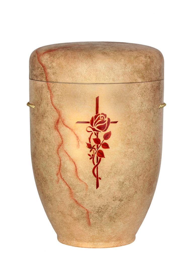 Biologisch abbaubare Urne marmoriert mit Kreuz und Rose